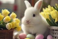 Easter fluffy bunny with colourful eggs and spring flowers. Cute greeting card