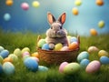 Easter fluffy eared bunny in a wicker basket full of colored Easter eggs and surrounded by other decorated Easter eggs on the