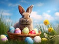 Easter fluffy eared bunny in a wicker basket surrounded by colorful Easter eggs on the green grass ground