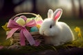 Easter fluffy white bunny with colourful eggs and basket with pink bow. Cute greeting card