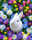 Easter fluffy white Bunny with yellow & blue spring flowers in the background, pastel colours, ai generation