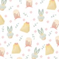 Easter food pattern. Colourful spring print. Yellow, pink, green cookies, flowers, plants