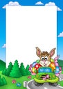 Easter frame with bunny driving car Royalty Free Stock Photo