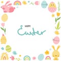 Easter frame with bunny, eggs, rainbow, flowers Royalty Free Stock Photo