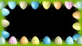 Easter frame decorated with beautiful eggs and grass on black background