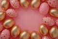 Easter frame made of golden and pink eggs on pink background. 3d AI illustration Royalty Free Stock Photo