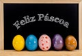 Easter frame with painted eggs and chalkboard. Happy Easter in white chalk. Happy Easter in portuguese : feliz pÃÂ¡scoa