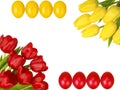 Easter frame with yellow and red tulips and eggs Royalty Free Stock Photo
