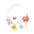 Easter friends sheep bunny chicken butterfly and flower peeking behind egg shape hole on white background