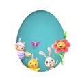 Easter friends sheep bunny chicken butterfly and flower peeking behind egg shape hole on blue background