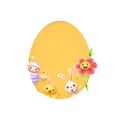 Easter friends sheep bunny chicken and flower peeking behind egg shape hole on yellow background