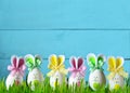 Easter funny bunny on green grass with easter eggs. Easter background.