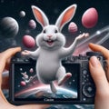 Easter funny laughing bunny, jumping with flying colored Easter eggs, posing for a photo on a space