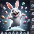 Easter funny laughing bunny, jumping with flying colored Easter eggs, posing for a photo on a space