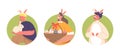 Easter Game, Fun, Amusement for Children Isolated Round Icons or Avatars. Girl Wear Rabbit Ears Holding Basket with Eggs