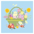 Easter basket with eggs. Funny little birds