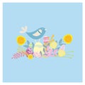 Easter basket with eggs. Funny little birds