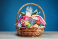 Easter gift basket with multicolor eggs, blue background