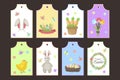 Easter gift tags vector labels with cute cartoon characters spring greetings with bunny, chickens, eggs and flowers