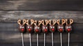 Easter gingerbread cookies with funny faces on dark wooden background. Generative AI