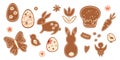 Easter gingerbread cookies set. Rabbit bunny, flower, Easter eggs, Easter cake, birds. Vector spring food illustration Royalty Free Stock Photo