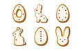 Easter gingerbread cookies in the shape of eggs long ears and rabbits in cartoon style. Icing Sweet biscuits isolated on