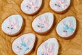 Easter gingerbread glazed cookies, eggs form with rabbit