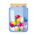 Easter glass jar with sweet candies decorated golden egg. Sweet food Royalty Free Stock Photo