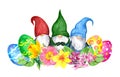 Easter gnomes with decorated colored eggs, spring flowers narcissus, hyacinth . Watercolor for springtime holiday