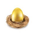 Easter gold egg in bird`s nest, easter day Royalty Free Stock Photo