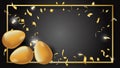 Layout for Easter banner, invitation, card, menu, flyer, poster, voucher. Gold eggs with confetti golden color black background Royalty Free Stock Photo