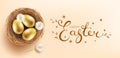 Easter gold eggs in bird`s nest on light background Royalty Free Stock Photo