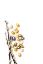 Easter gold, white and silver chocolate eggs with willow isolated on white Royalty Free Stock Photo