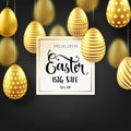 Easter golden egg with calligraphic lettering. Traditional spring holidays in April or March. Sunday. Eggs and gold. Big Royalty Free Stock Photo