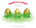 Easter golden eggs in green grass with flowers isolated on white background. Element for celebratory design. Vector Royalty Free Stock Photo