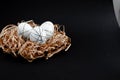 Easter goldenand white decorated eggs in nest on black background . Minimal easter concept copy space for text. Top