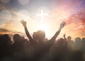 Easter and Good Friday concept, soft focus of Christian worship with raised hand on white cross background Royalty Free Stock Photo