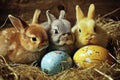 easter and good old bunny three chicks on easter eggs Royalty Free Stock Photo