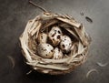 Easter gray background with a nest filled with quail eggs. Top view.