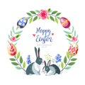 Easter great round floral background with colored easter eggs growed at branch of tree