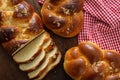 Easter greek tsoureki braid, sweet bread brioche on wood Royalty Free Stock Photo