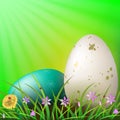 Easter green composition with a white and turquoise egg with a pattern, grass and flowers Royalty Free Stock Photo
