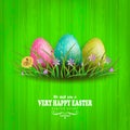 Easter green composition with a wood pattern, three eggs of different colors with a pattern, grass and flowers Royalty Free Stock Photo