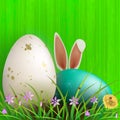 Easter green composition with wood pattern, white and turquoise egg, grass and flowers Royalty Free Stock Photo