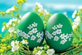 Easter green eggs with spring flowers