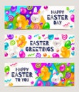 Easter greeting banners. Colorful marmalade and candys in the shape of rabbits, chickens, eggs and other forms