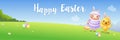 Easter greeting card banner - chicken and lamb hunting eggs - spring landscape background vector illustration