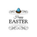 Easter greeting card. Bird nest, egg, swirls, ornate frame, decorations. Vector. Royalty Free Stock Photo