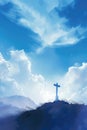 Easter greeting card in blue and white, a solitary cross stands atop a hill, its silhouette piercing the cloudy sky Royalty Free Stock Photo