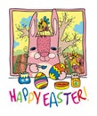 Easter greeting card with bunny artist painting eggs